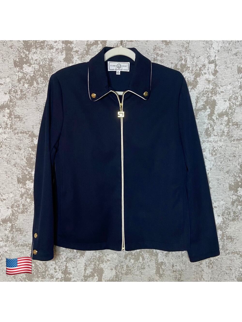St John Sportswear Zip Up Piping Detail Blouson Jacket in Navy/White